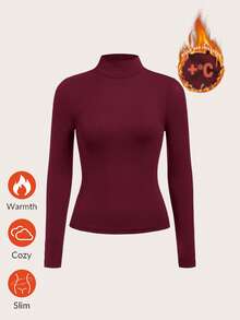 SHEIN BASICS Women's Casual Minimalist Turtleneck Long Sleeve Fleece T-Shirt, Burgundy