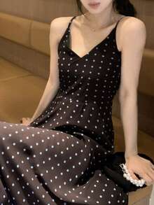 DAZY 女士波点优雅时尚约会派对长吊带连衣裙 - 棕色 - 查看 7