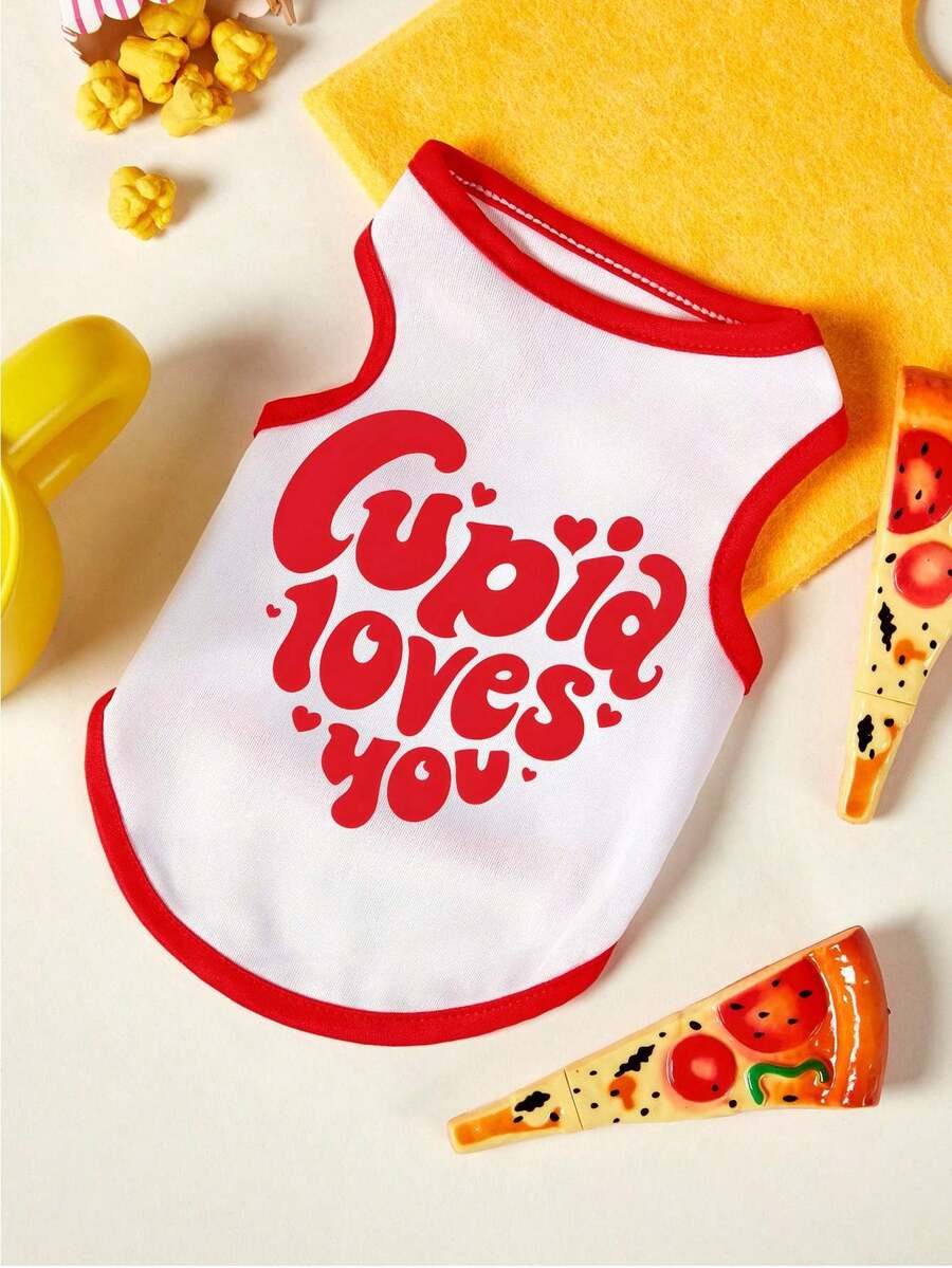 PETSIN 1pc Red Heart Printed Pet Vest, Breathable And Skin Friendly, Red And White