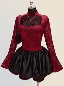 SHEIN ICON 女士加大码复古性感优雅千禧风 Y2K 情人节：高领系带镂空喇叭长袖酒红色蕾丝修身上衣 - 酒紅色 - 查看 3