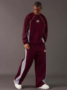 STYNVO Men's Letter Embroidery Graphic Crew Neck Long Sleeve Sweatshirt And Pocket Sweatpants Casual Outfit, Suitable For Autumn/Winter Outings - Burgundy - View 4