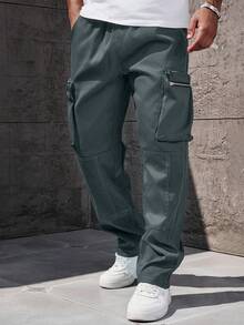 Manfinity Homme Quần dài nam cỡ lớn, màu trơn, dáng rộng, có túi hộp, kiểu dáng thường ngày. - Màu xanh bụi bặm - Xem 5