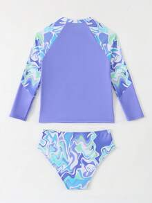 8-12岁女孩渐变波浪印花长袖两件式泳衣，夏季时尚泳装，适合青少年女孩学生海滩冲浪 - 彩色 - 查看 2