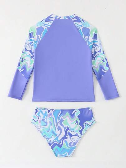 Maiô de Duas Peças com Estampa de Onda Degradê de Manga Longa para Meninas de 8 a 12 Anos, Maiô de Moda de Verão para Meninas Pré-Adolescentes na Praia e Surfe