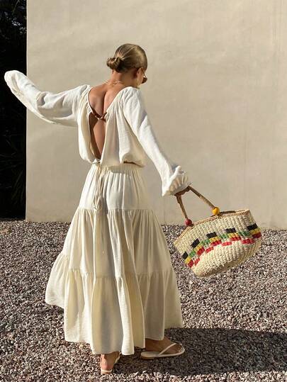 Livesso Dwustronny biały top na wiosnę/lato, swobodny styl plażowy/kurortowy, koralikowy wzór w stylu boho, w połączeniu z długą spódnicą z szyfonu w kształcie litery A, damski komplet z długim rękawem, 2 sztuki