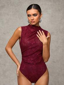 SHEIN BAE 黑色蕾丝无袖露肩褶皱连体衣，秋季，万圣节 - 酒紅色 - 查看 6