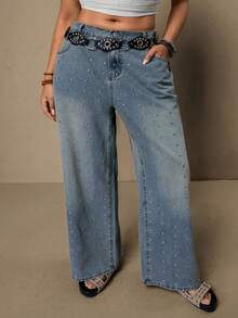 Freevana Plus Size Casual Washed Rhinestone Decor Wide Leg Jeans, Summer, Summer, Spring, Spring Women, Carnival, Carnival Costume, Party , Beach , Going Out, For Date, Party, Cocktail, Formal Events, Vacation, Office, Work, Commute, Wedding Guest, And Western Festival - Blue - View 5