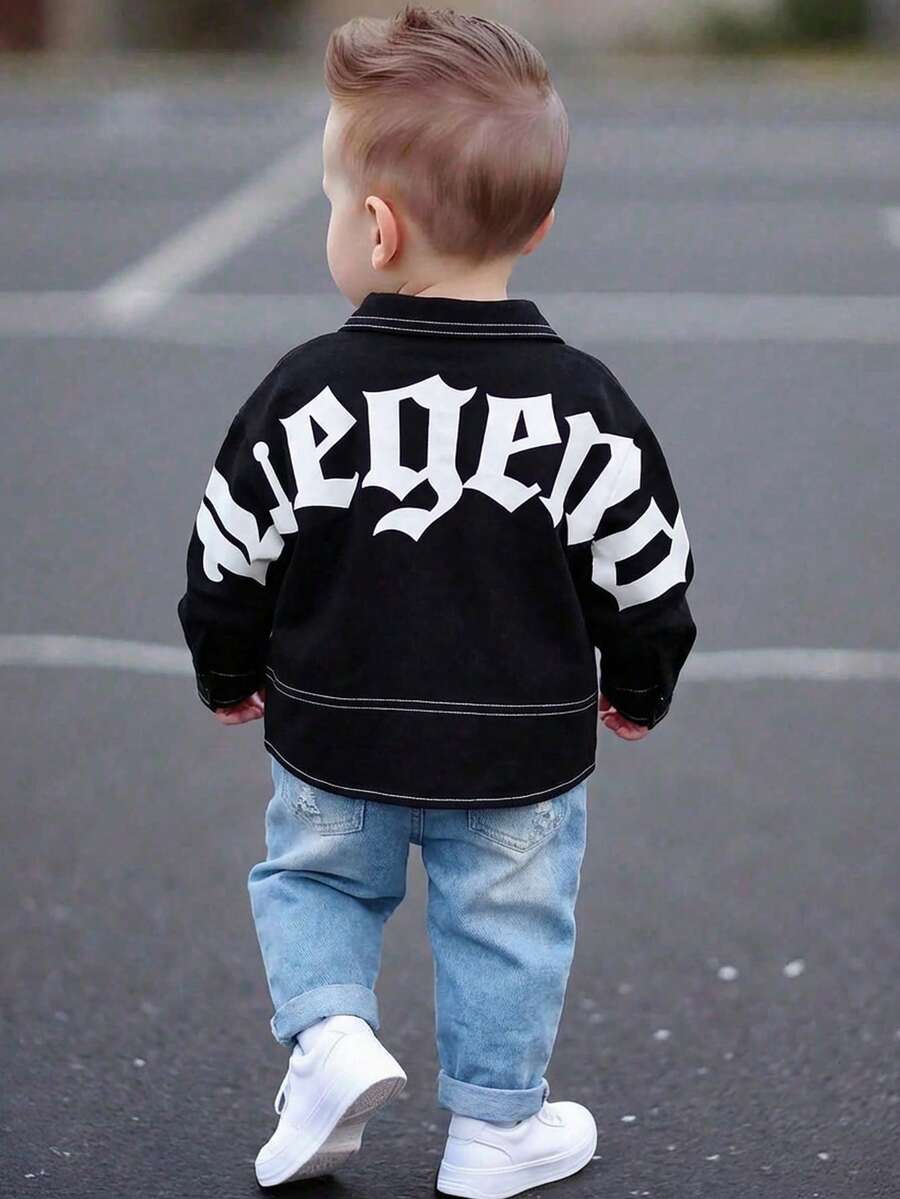 SHEIN 男婴/女婴幼儿秋冬套装，长袖衬衫，黑色有领长袖衬衫，带字母印花和口袋，舒适百搭休闲实用风格基本款上衣，适合室内、户外、日常穿着、运动、玩耍、派对、摄影 - 春季、夏季、秋季、冬季