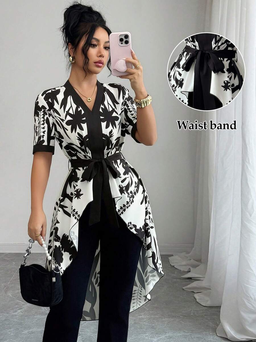 Elenzga 女士V领系带蝴蝶结修身腰部优雅休闲度假碎花不对称时尚黑色衬衫 - 彩色 - 查看 1