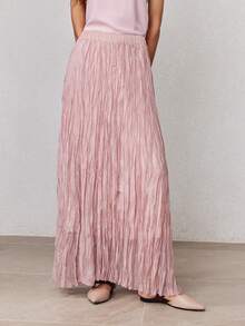 ZEYLAH Women's Solid Color Asymmetrical Hem Pleated A-Line Midi Skirt, Spring - Pink - View 3