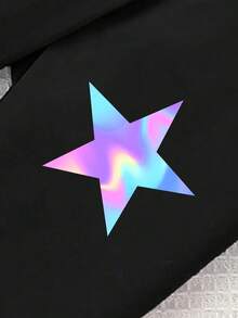 2件套女婴休闲时尚创意个性清新简约可爱虚拟少女组合卡通人物彩色星星图案字母印花短袖T恤和打底裤套装，舒适日常穿着，适合春、夏、秋季 - 彩色 - 查看 6