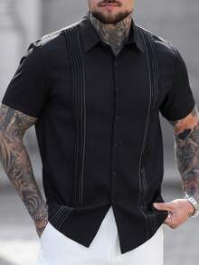 Manfinity CasualCool Camisa casual de manga corta con botones delanteros para hombre, verano - Negro - Ver 5