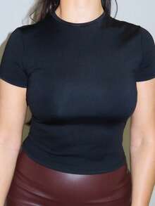 MDEdit Capped Sleeve Snatched T-Shirt Casual  Basics Everyday Airport Holiday Fall Back To School Autumn Winter Elegant - Black - View 5