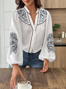 Louniche White & Blue Embroidered Long-Sleeve Shirt,Elegant Women's Blouses,Boho,Vacation,Holiday,White And Black,Autumn,Button Up Bohemian Style Casual Tops - White - View 3