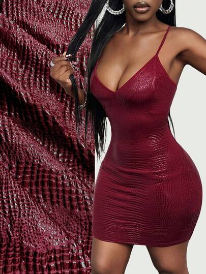 SHEIN BamGlam Women's Sexy Party Crocodile Print PU Leather Bodycon Cami Mini Dress