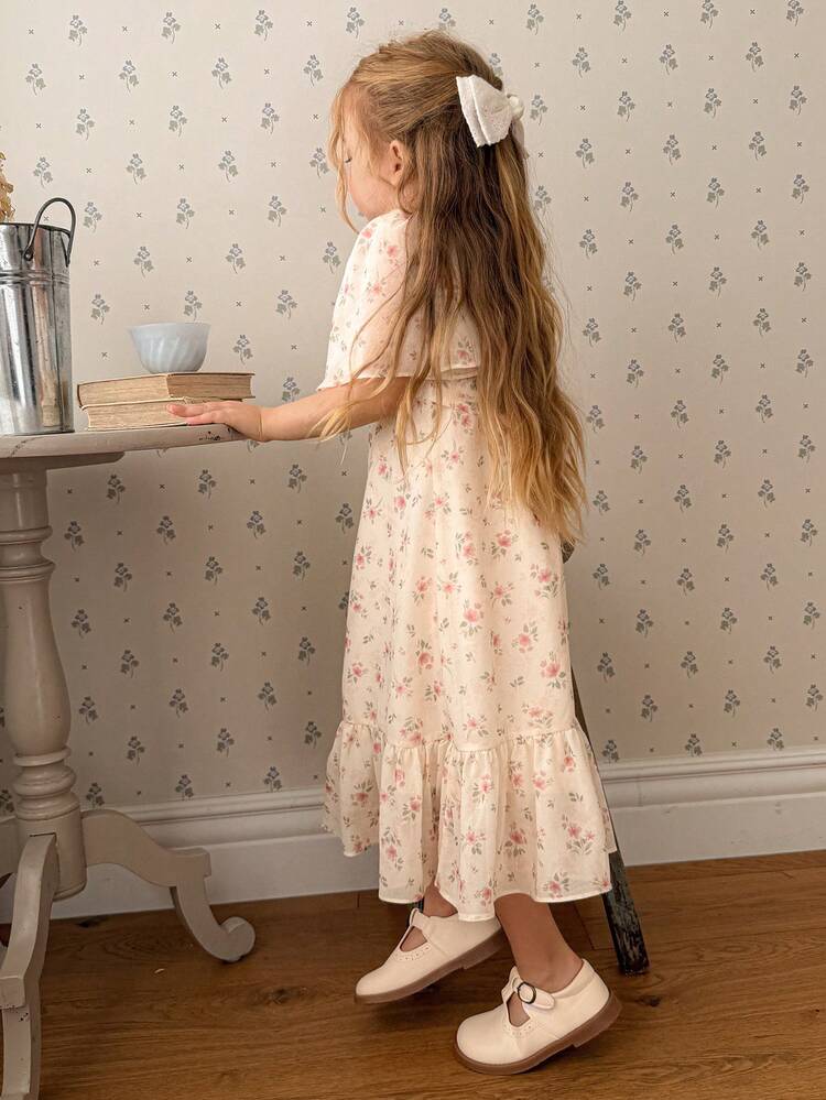 Young Girl Ditsy Floral Square Collar Puff Sleeve Ruffle Hem Cute Dress Summer Easter