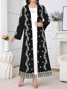 Al Najma 一件舒适保守的长款睡袍，传统复古印花连衣裙/碎花连衣裙，适合女性日常穿着、约会、休闲、派对、节日等场合。女士连衣裙，植物复古印花连衣裙，黑色连衣裙 - 黑色 - 查看 4