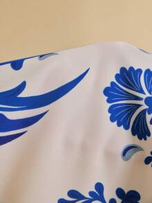 SHEIN Veneréa Women's Summer Beach Bohemian Blue & White Floral Parrot Print V-Neck Sleeveless Backless Strap Vacation Coverup Dress - Multicolor - View 5