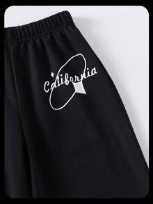 SHEIN Explorewe 2 件女童夏季休闲 V 领短袖 T 恤和宽松舒适长裤套装，白色 T 恤和黑色裤子 - 黑色 - 查看 4