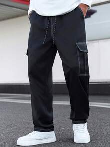 Manfinity Homme 男士休闲抽绳腰带翻盖口袋裤 男士工装裤 男士街头风裤 宽松工装裤 黑色工装裤 - 黑色 - 查看 5
