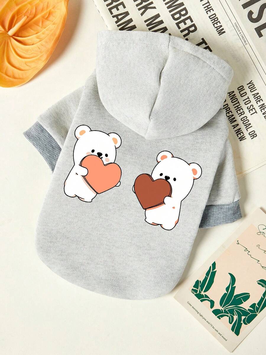 PETSIN 1pc Cute Little Bear Holding Love Printed Pet Hat Hooded Hoodie Light Grey Sports Style Thick Warm Pet Clothes - Light Grey - View 1