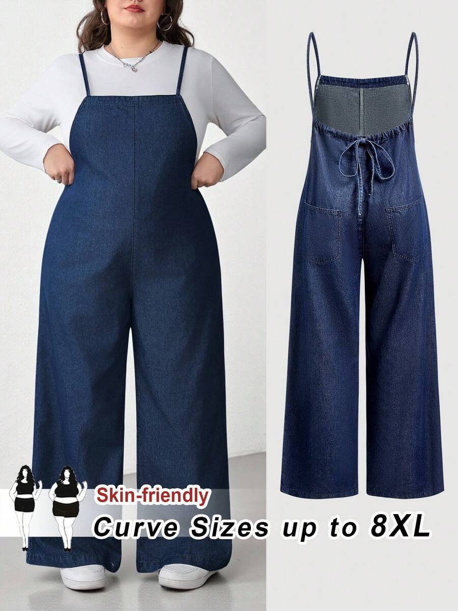 SHEIN CURVE+ 大码休闲宽松露背系带牛仔连体裤，春夏情人节嘉年华服装，通勤度假毕业时尚Y2K可爱街头风派对婚礼优雅商务休闲女式舒适大码牛仔背带裤，宽松版型阔腿设计，亲肤面料，带口袋 - 藍色 - 查看 1