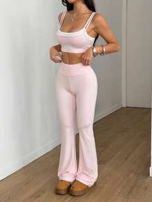 FavEase 2pcs/Set Pink & White Splice Crop Top Camisole & Retro Flare Leg Pants, Knitted Stretchy Comfortable Women Yoga Fitness Tennis Casual Running Daily Minimalist Versatile Outfit, Spring/Summer - Pink - View 5