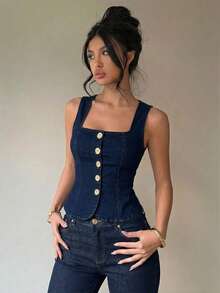 Aloruh Women's Fashion Casual Button Denim Vest Top - Blue - View 5