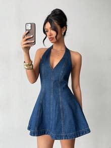 Aloruh Women's Sexy Deep V-Neck Sleeveless Short Denim Dress,Valentine's Day,Summer,Carnival,Beach,Party,Elegant Party Dress,Going Out - Blue - View 8