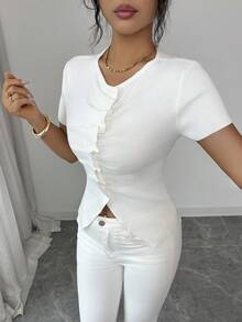 Elenzga Spring/Summer New Arrival Round Neck Long Sleeve Pleated Tie-Front Cropped Asymmetric Cardigan For Women - White - View 3