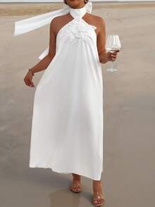 Elenzga White Halter Neck Sleeveless A Line Plus Size Dress For Women Knee Length Plain Casual Tie Back Flower Detail Wedding - White - View 3