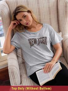 SHEIN Doze Lane Women's Casual Letter Print Round Neck Short Sleeve Sleepwear Top - Grey - View 1