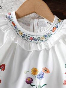 SHEIN 女婴碎花荷叶边泡泡袖上衣和喇叭裤套装 - 白色 - 查看 5