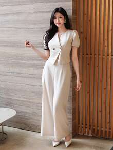 DAZY Bộ đồ nữ thanh lịch gồm áo sơ mi trơn màu và quần ống rộng, thích hợp cho mùa xuân/hè, váy dự tiệc cưới. - Màu be - Xem 1