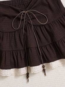 Sweetra 时尚优雅甜美少女风美拉德棕色系带串珠腰A字裙摆蕾丝点缀法式春夏新款女裙 - 棕色 - 查看 3
