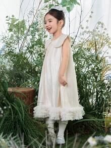 DAZY Young Girl' Korean Style Solid Color Peter Pan Collar Mesh Patchwork Sleeveless Dress - Apricot - View 5