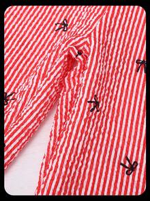 女孩粉色条纹蝴蝶结印花泡泡纹理腰带白色撞色系带宽松裤 - 紅色 - 查看 8