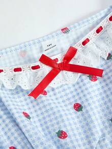 SHEIN ChillGRL Váy in họa tiết dâu tây tay bồng xòe thanh lịch ngọt ngào cho bé gái tuổi teen mùa hè, thích hợp cho kỳ nghỉ, tụ tập cùng bạn bè - Màu xanh nhạt - Xem 5