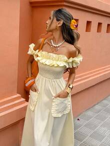 Selianne 可爱黄色荷叶边露肩收腰中长连衣裙 - 甜美优雅，适合度假、日常出行和聚会，女士春夏连衣裙 - 黃色 - 查看 4