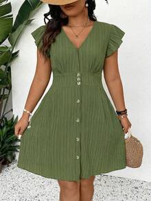 SHEIN Frenchy 大码女式休闲纯色V领短袖连衣裙 - 軍綠色 - 查看 5
