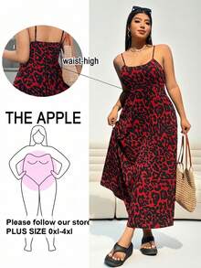 SHEIN EZwear Plus Size Leopard Print Adjustable Waist Dress With Spaghetti Straps, Backless Design And Hidden Zipper, Suitable For Spring/Summer, Summer Dresses - Red - View 1