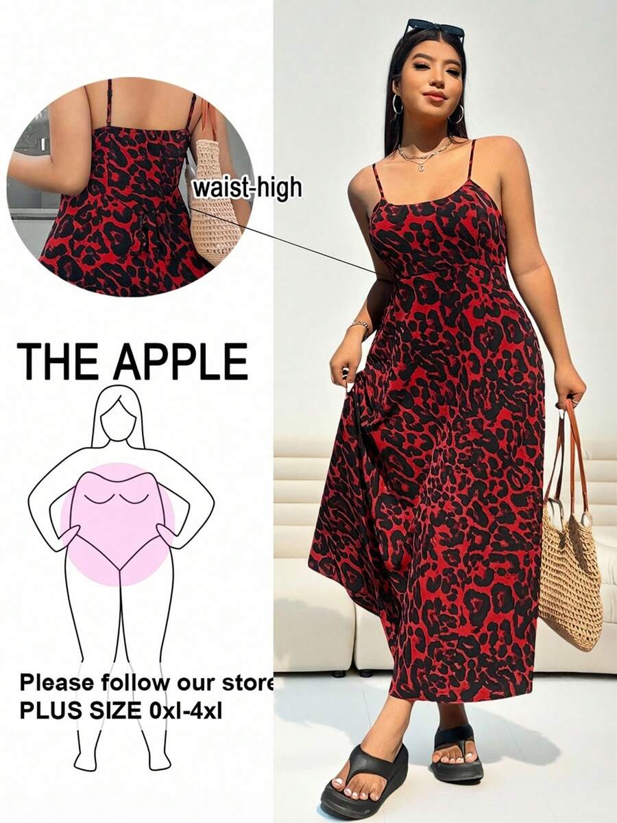 SHEIN EZwear Plus Size Leopard Print Adjustable Waist Dress With Spaghetti Straps, Backless Design And Hidden Zipper, Suitable For Spring/Summer, Summer Dresses - Red - View 1