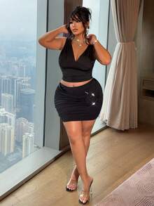 NU&NOW Plus Size Women's Black Sexy Metal Decor High Elasticity Skirt, Versatile, New Arrival 2026 - Black - View 6