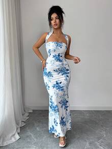 Elenzga Women's Floral Print Halter Neck Ruffle Dress, Summer - Blue and White - View 6