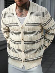 Manfinity Homme Cárdigan de punto con cuello en V a rayas, estilo casual y preppy, de manga larga y ajuste regular con botones delanteros para hombre - Multicolor - Ver 3