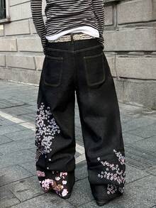 STEELVANCE Niche Floral Tree Embroidery Design Loose Straight-Leg Slimming Jeans Japanese Pants Men's Embroidered Jeans Harajuku Pants Spring To Summer - Black - View 2