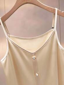 SHEIN Elenzya 女士时尚优雅针织罗纹面料纽扣装饰无袖吊带背心，适合日常穿着 - 杏色 - 查看 4