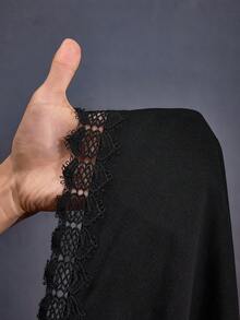 SHEIN CURVE+ Curve 尺码 US22 音乐节、海滨度假、波西米亚风女士度假纯色撞色蕾丝蝙蝠袖连衣裙 - 黑色 - 查看 9