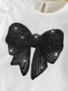 年轻女孩时尚简约黑色蝴蝶结装饰短款泡泡袖衬衫 - 白色 - 查看 6