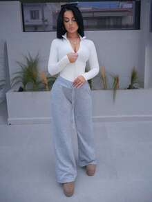 Vassilux 舒适休闲纯色针织低腰阔腿女式运动裤 - 灰色 - 查看 6